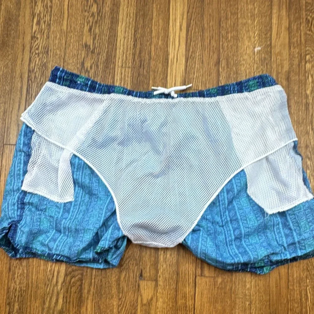 Pacific Connection Men's XL Blue/Green Geometric Swim Trunks Drawstring